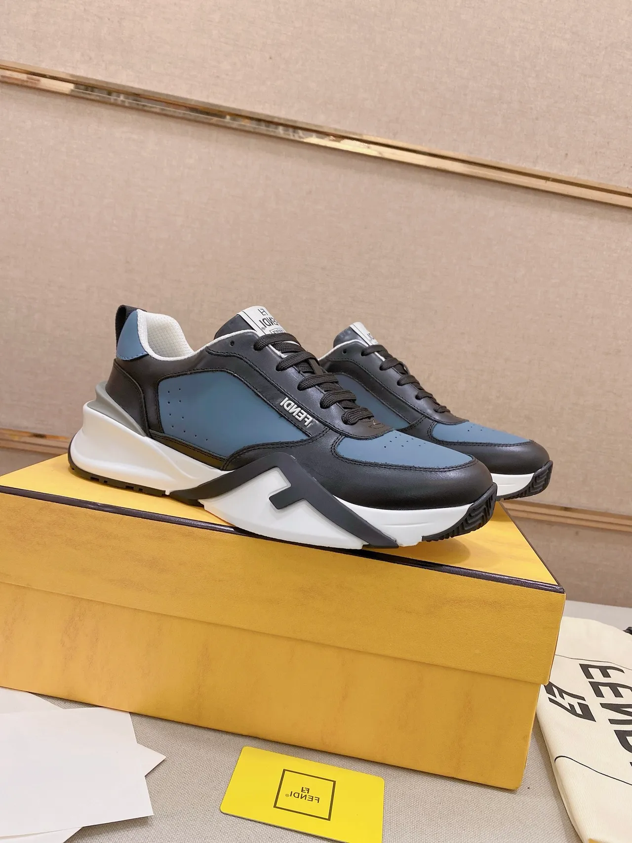 Fendi Black Blue Sculpted Sole Leather Upper Chunky Sneakers 5