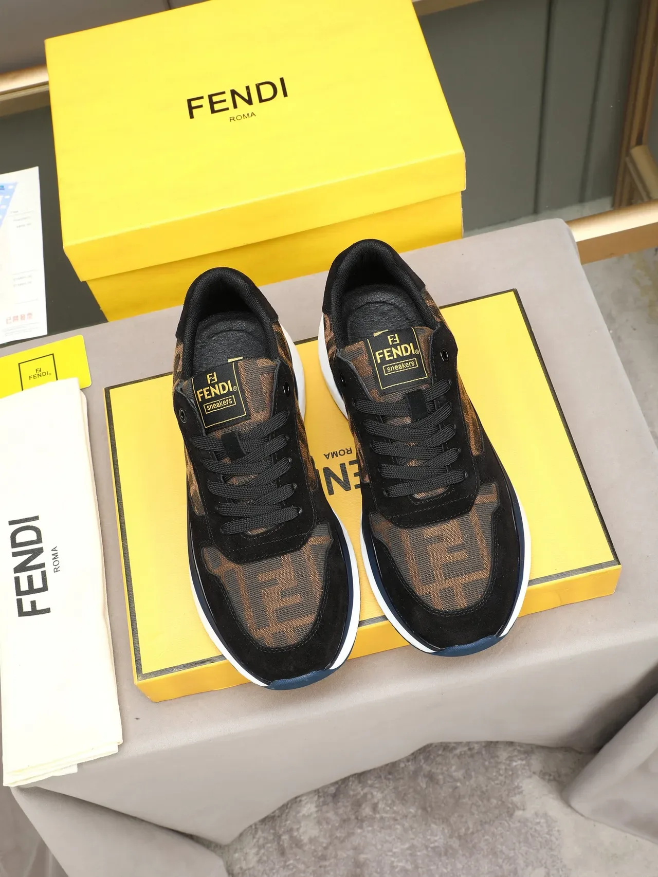 Fendi Negro Marrón FF Monograma Tela Ante Sobreposiciones Lifestyle Sneakers 3