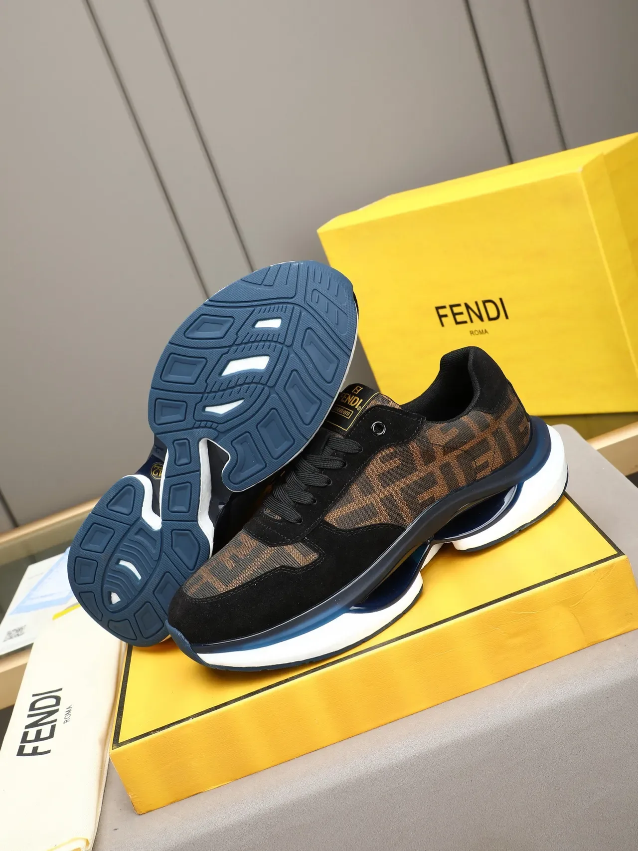 Fendi Negro Marrón FF Monograma Tela Ante Sobreposiciones Lifestyle Sneakers 4