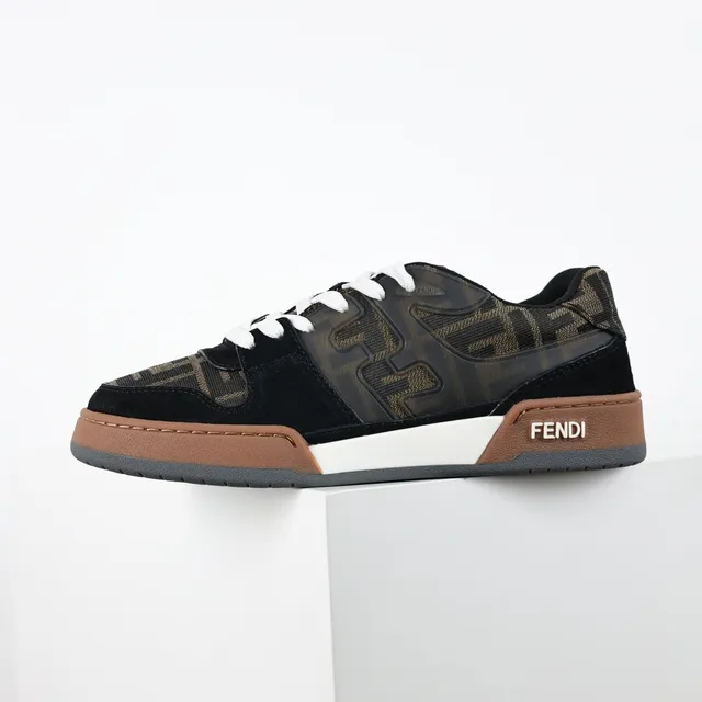 Fendi 黑色棕色印花帆布和麂皮鞋面分层多色调中底生活方式运动鞋 9