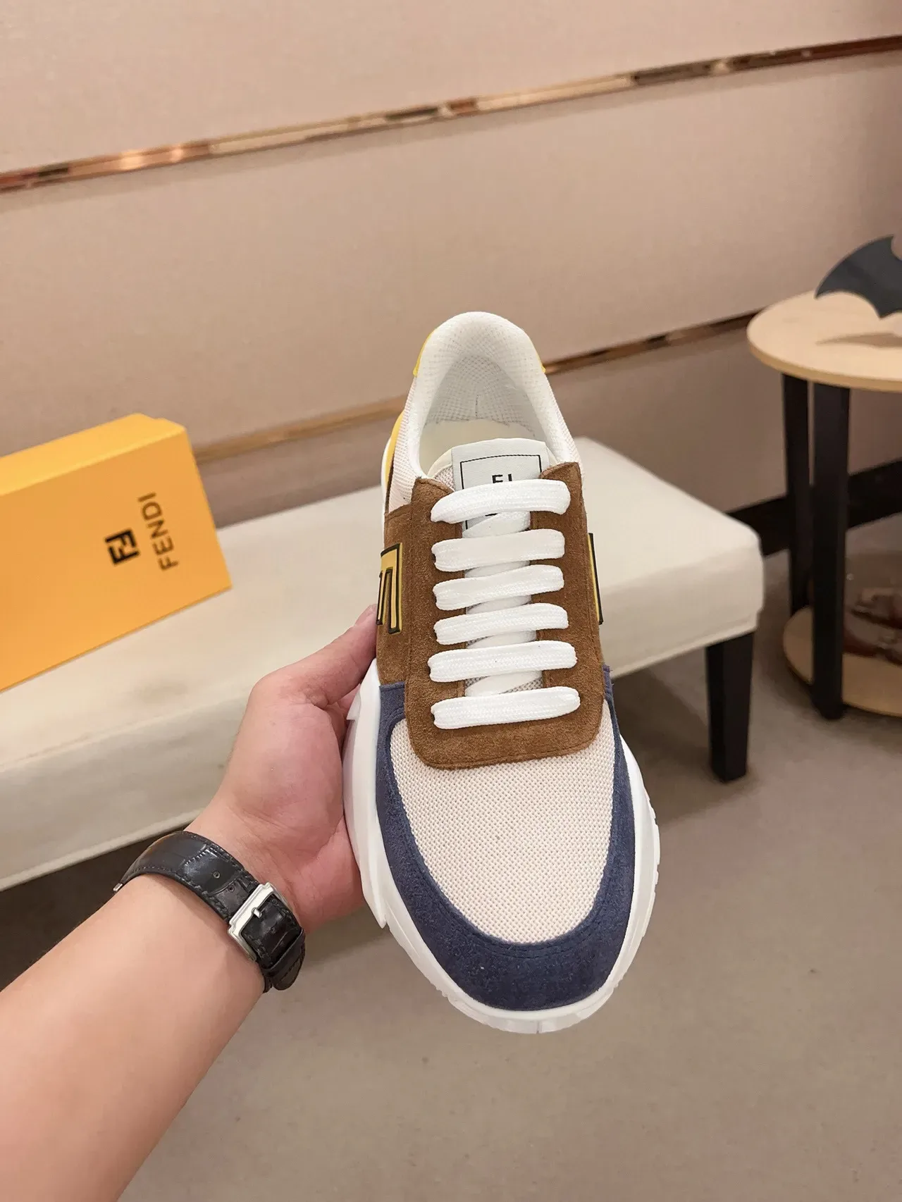 Fendi Brown Navy Chunky Platform Sole Multi-Panel Suede-Mesh Construction Lifestyle Sneakers 5