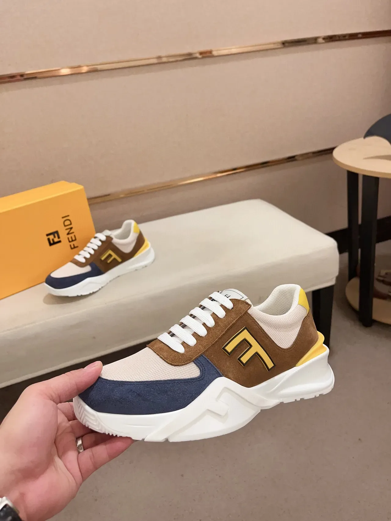 Fendi Brown Navy Chunky Platform Sole Multi-Panel Suede-Mesh Construction Lifestyle Sneakers 6
