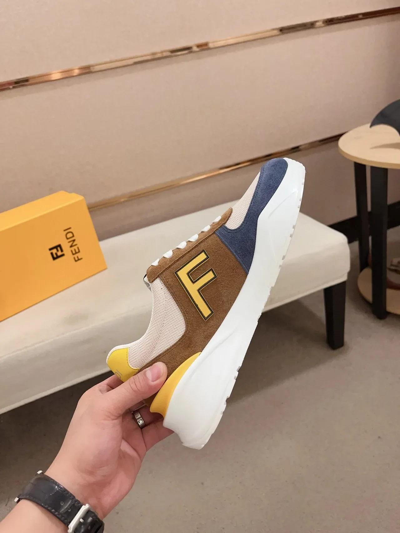 Fendi Brown Navy Chunky Platform Sole Multi-Panel Suede-Mesh Construction Lifestyle Sneakers 8