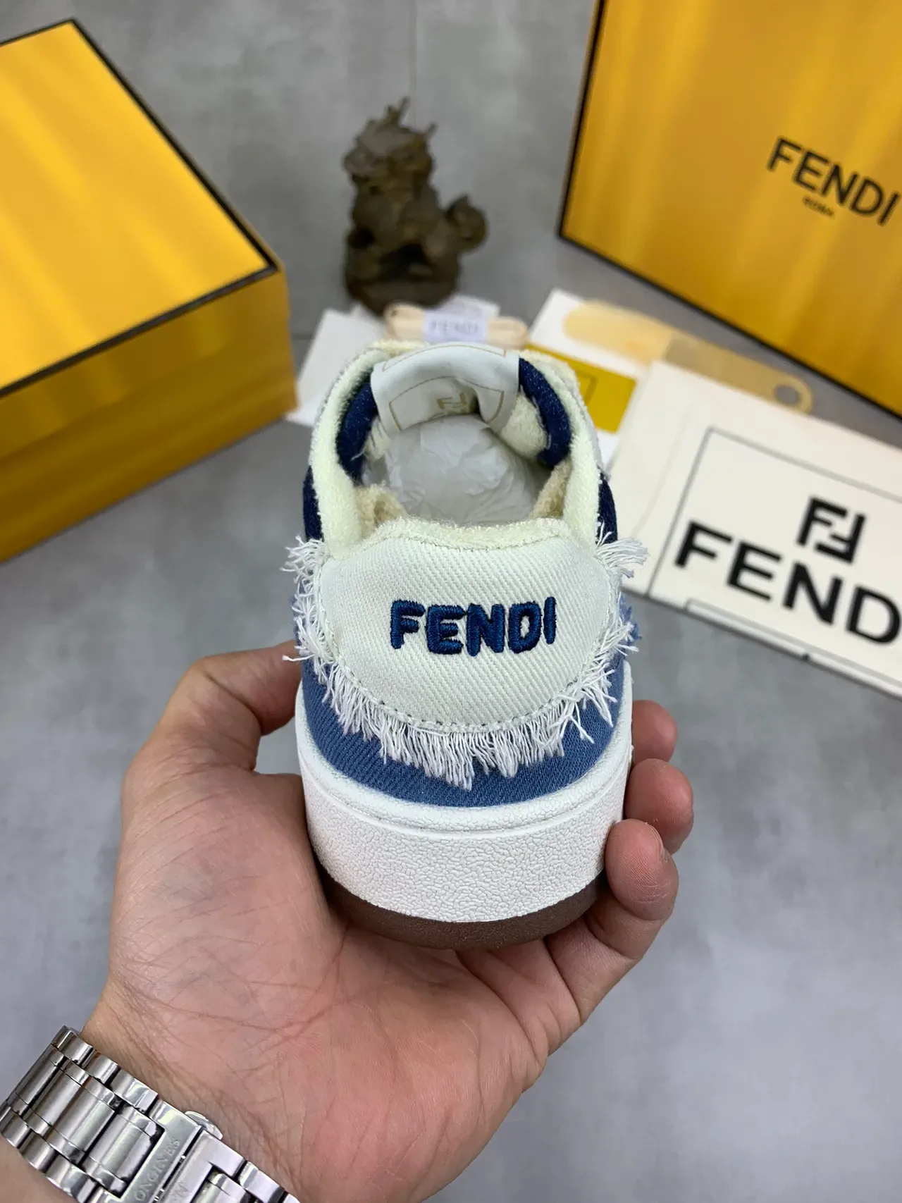 Fendi Denim Patchwork Frayed Edge Low-Top Sneaker 3