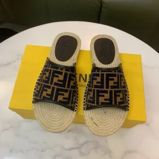 Fendi FF Espadrille Slides Navy Beige মোনোগ্রাম জ্যাকোয়ার্ড স্ট্র্যাপ জুট লিপটা সোল চপ্পল
