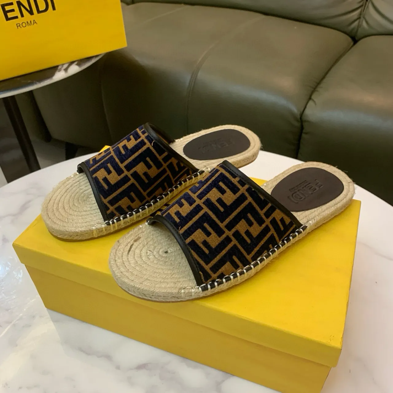 Fendi FF Espadrille Slides Navy Beige Monogram Jacquard Strap Jute-Wrapped Sole Slippers 2