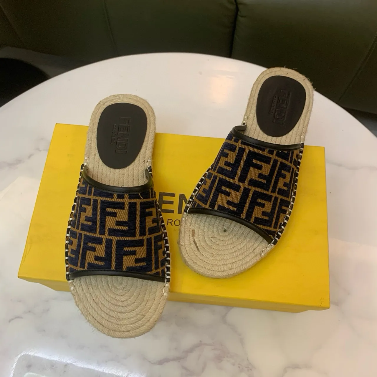 Fendi FF Espadrille Slides Navy Beige Monogram Jacquard Strap Jute-Wrapped Sole Slippers 3