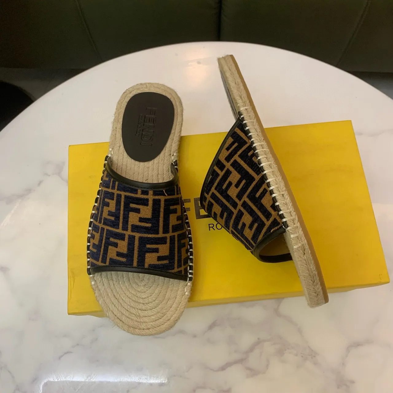 Fendi FF Espadrille Slides Navy Beige Monogram Jacquard Strap Jute-Wrapped Sole Slippers 4