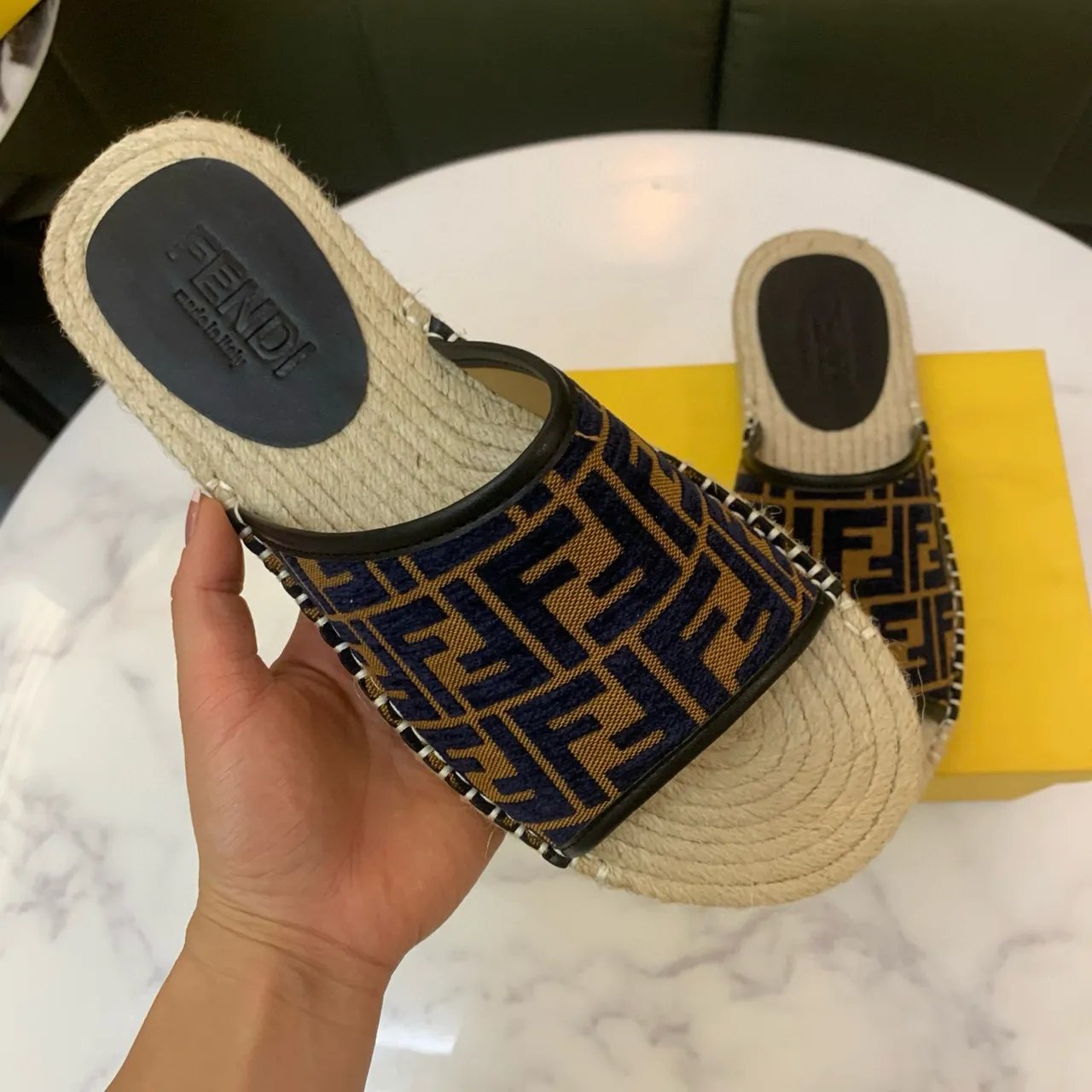 Fendi FF Espadrille Slides Navy Beige Monogram Jacquard Strap Jute-Wrapped Sole Slippers 5
