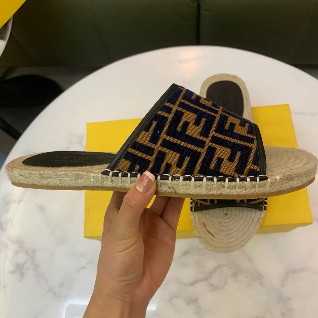 Fendi FF Espadrille Slides Navy Beige Monogram Jacquard Strap Jute-Wrapped Sole Slippers 6