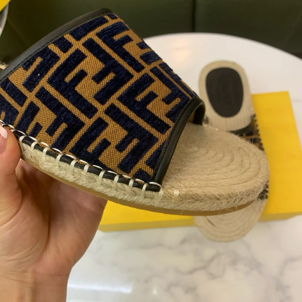 Fendi FF Espadrille Slides Navy Beige Monogram Jacquard Strap Jute-Wrapped Sole Slippers 8