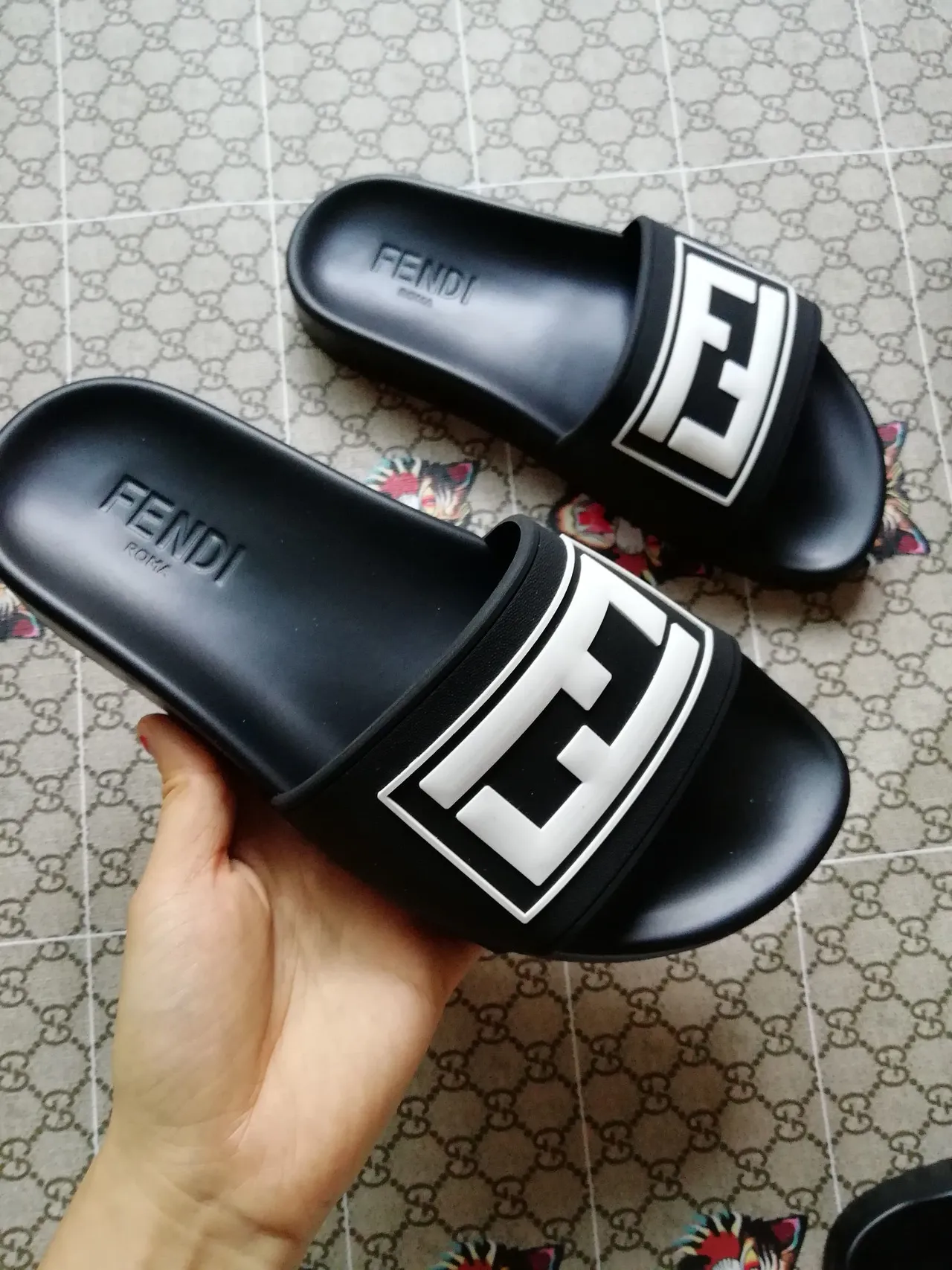 Fendi FF Slide Black and White Rubber Slippers 3