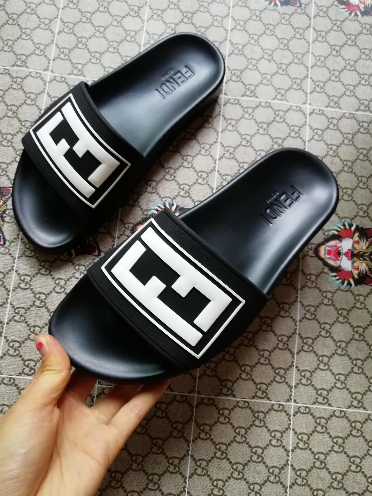 Fendi FF Slide Black and White Rubber Slippers 4