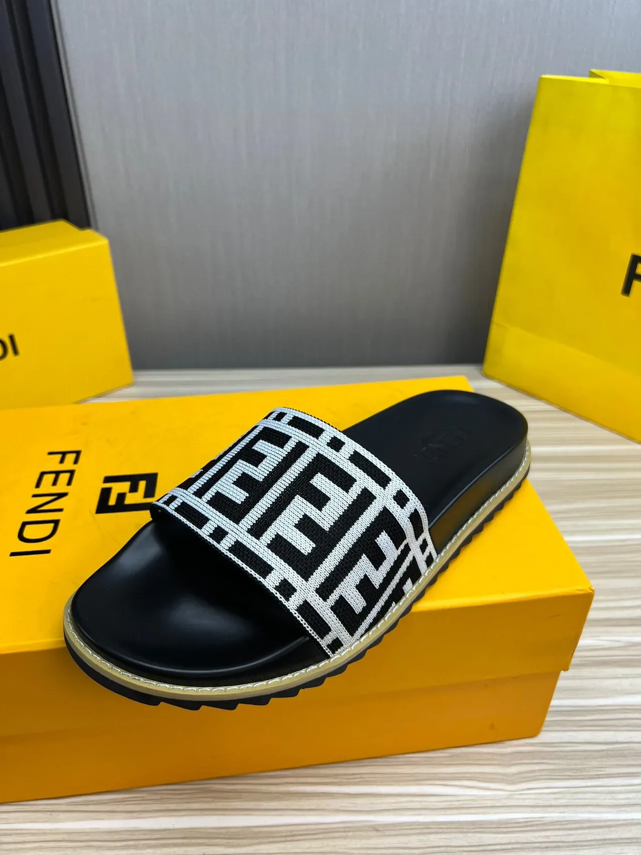 Fendi FF Slide Black White Monogrammed Woven Strap Rubber Sole Slippers 2