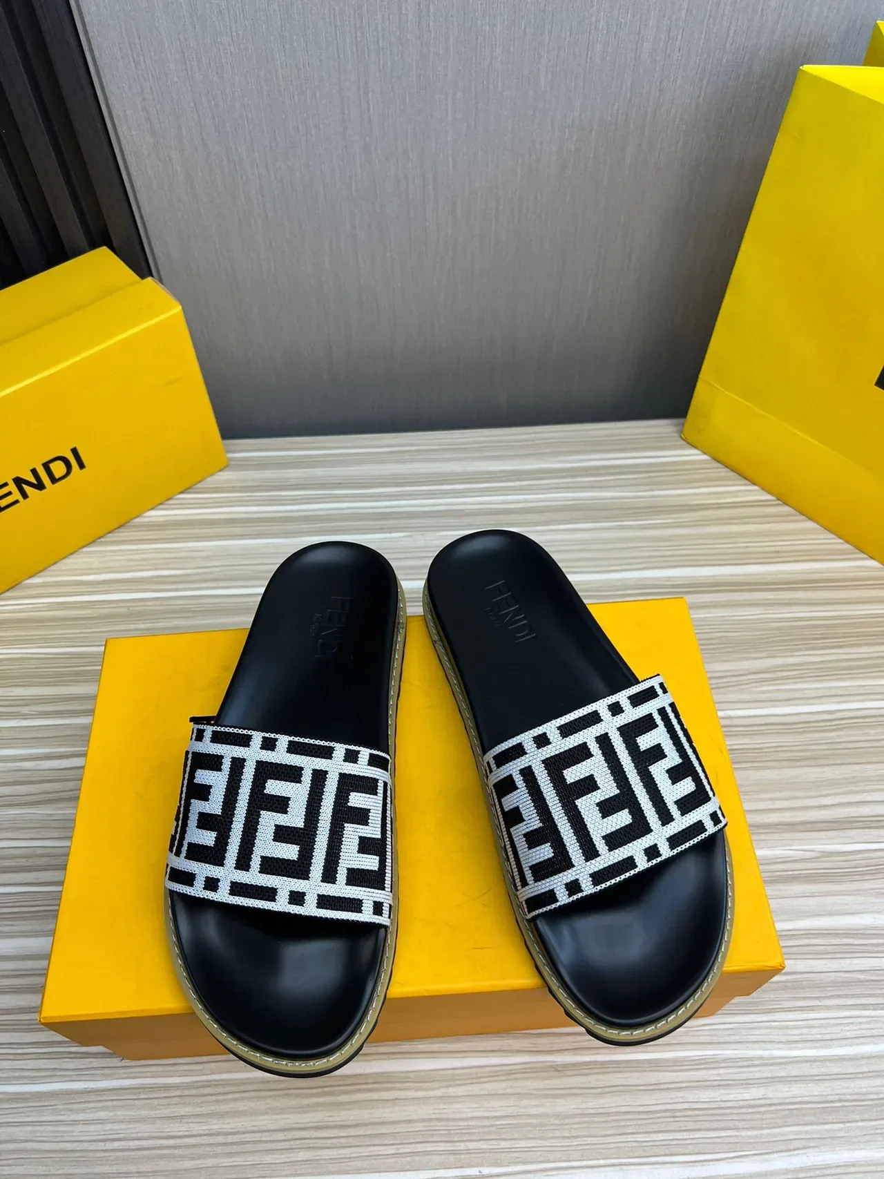 Fendi FF Slide Black White Monogrammed Woven Strap Rubber Sole Slippers 3