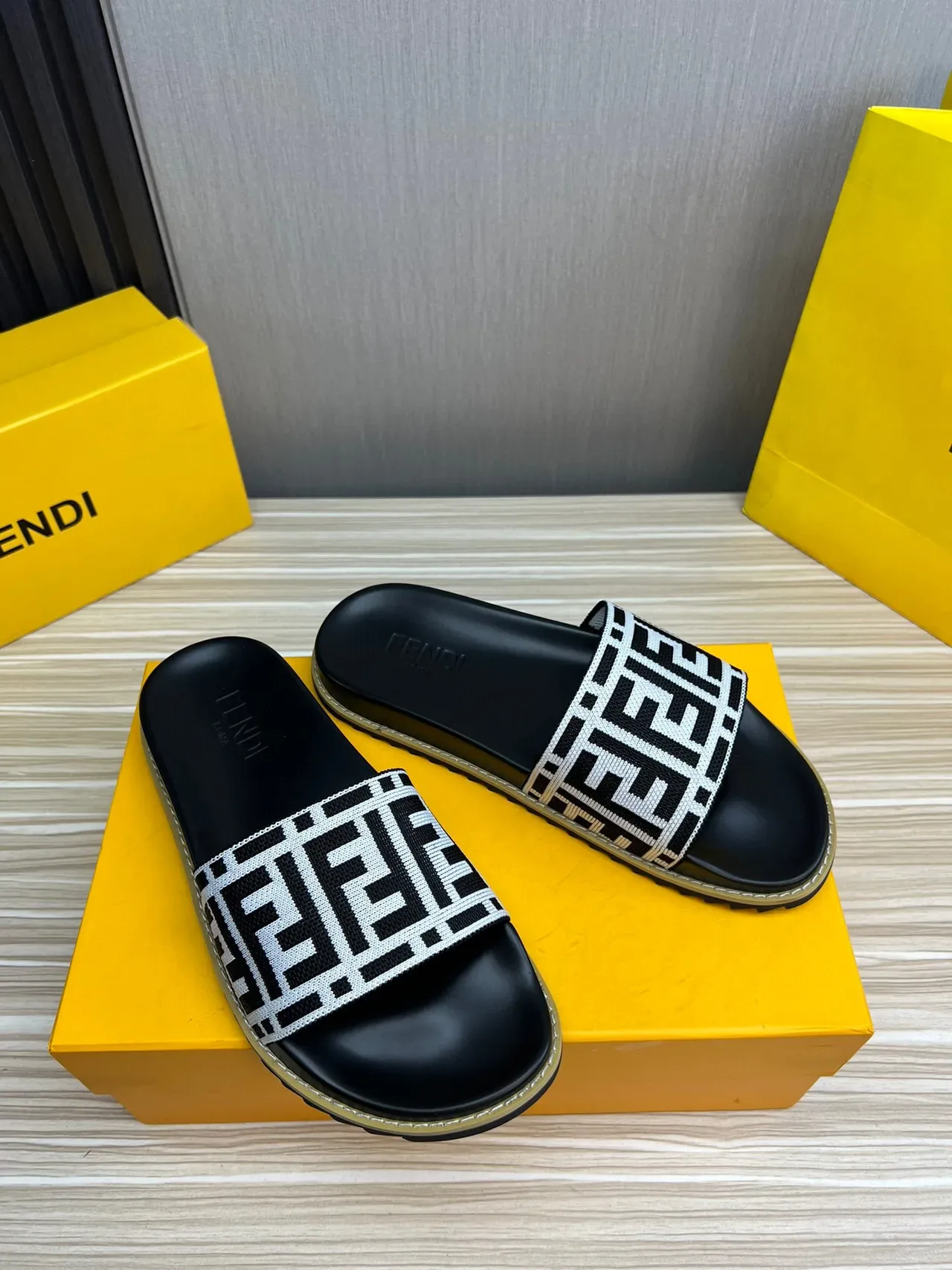 Fendi FF Slide Black White Monogrammed Woven Strap Rubber Sole Slippers 4