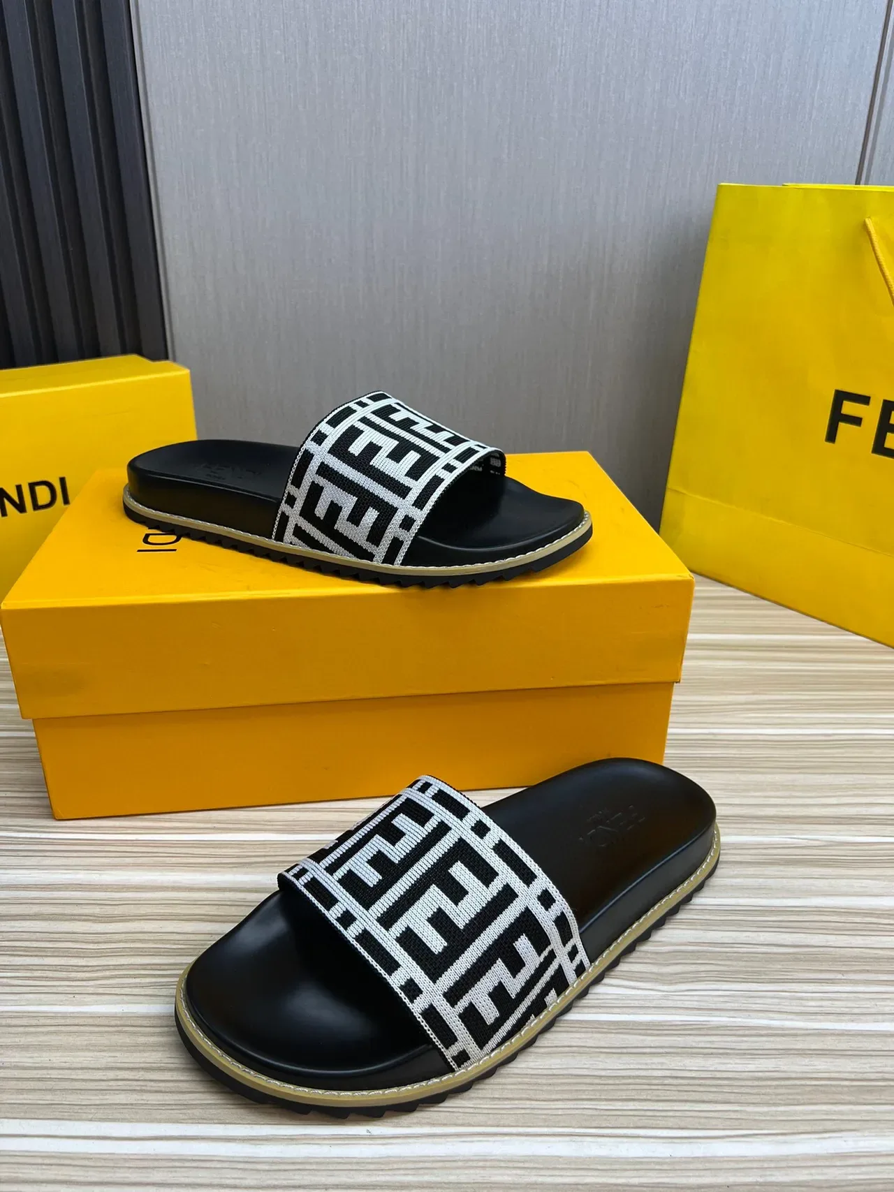 Fendi FF Slide Black White Monogrammed Woven Strap Rubber Sole Slippers 5