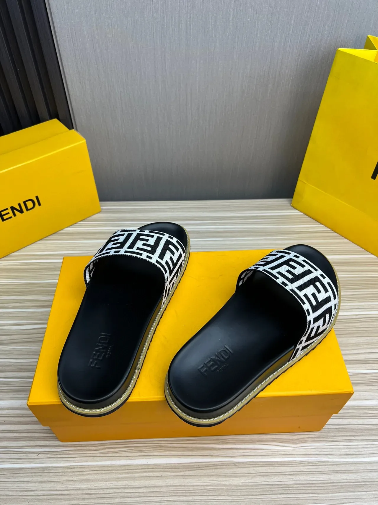 Fendi FF Slide Black White Monogrammed Woven Strap Rubber Sole Slippers 6