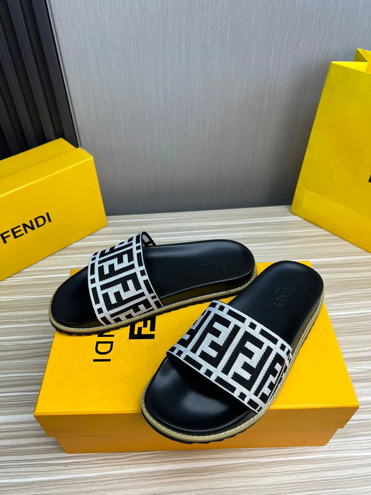 Fendi FF Slide Black White Monogrammed Woven Strap Rubber Sole Slippers 7