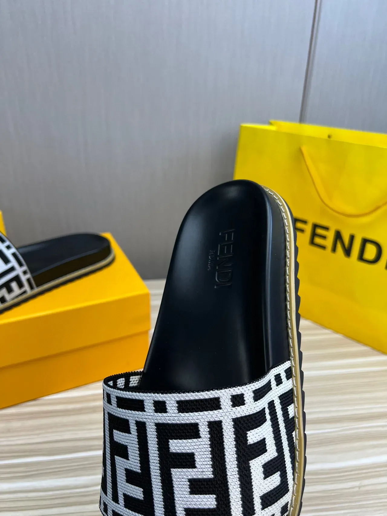 Fendi FF Slide Black White Monogrammed Woven Strap Rubber Sole Slippers 8