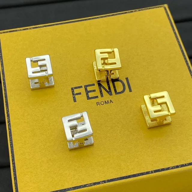 Fendi Gold Silver Square-Shaped Interlocking FF Logo Earrings 2