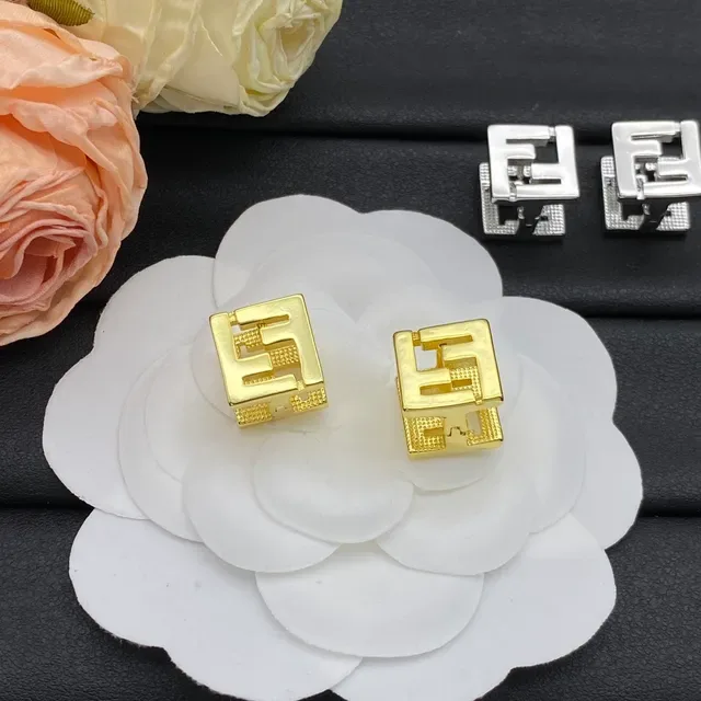 Fendi Gold Silver Square-Shaped Interlocking FF Logo Earrings 4