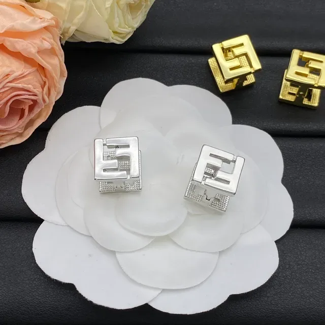 Fendi Gold Silver Square-Shaped Interlocking FF Logo Earrings 5