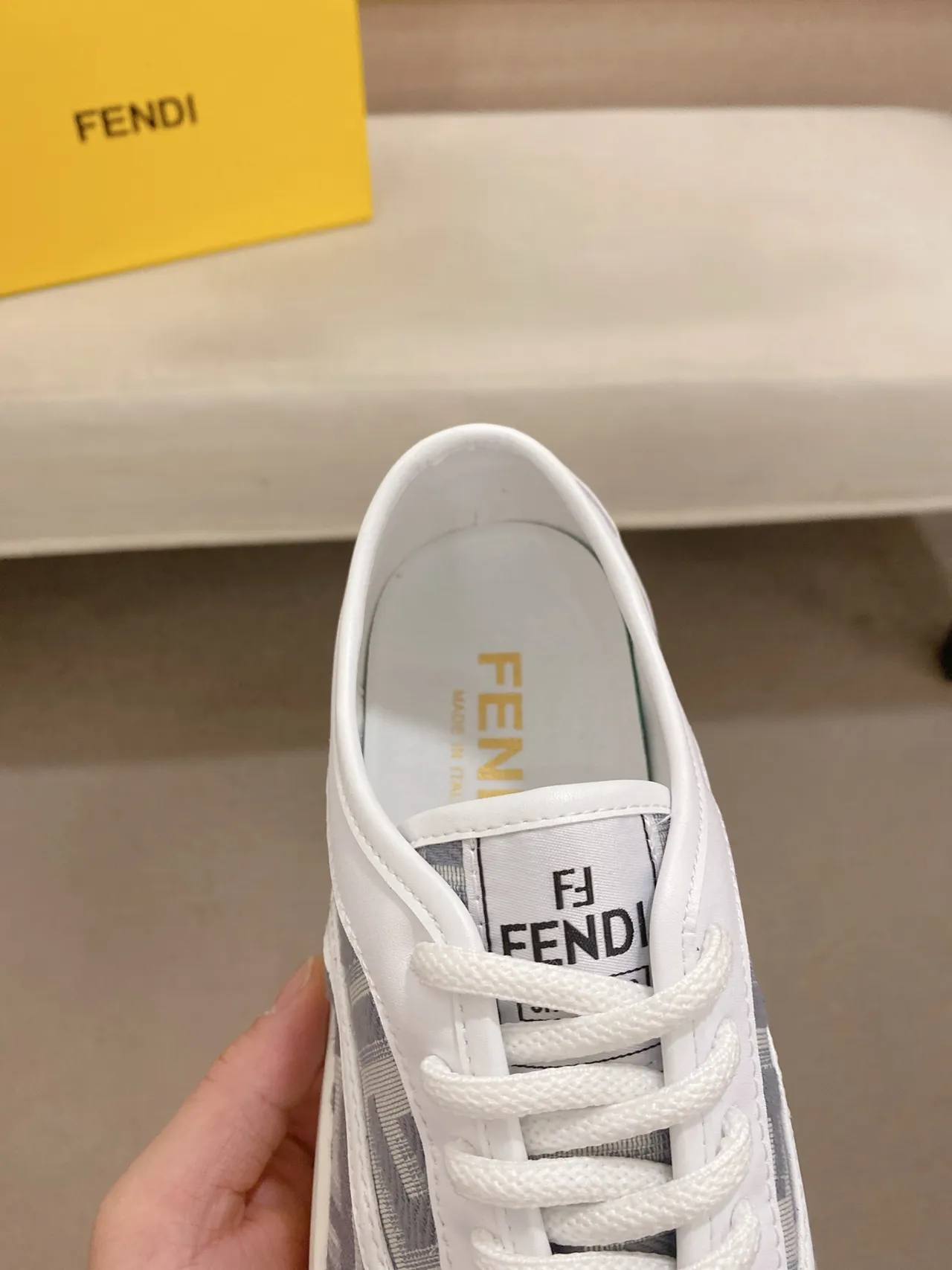 Fendi White Gray Monogram-Print Side Panels Leather Toe Cap Lifestyle Sneakers 4