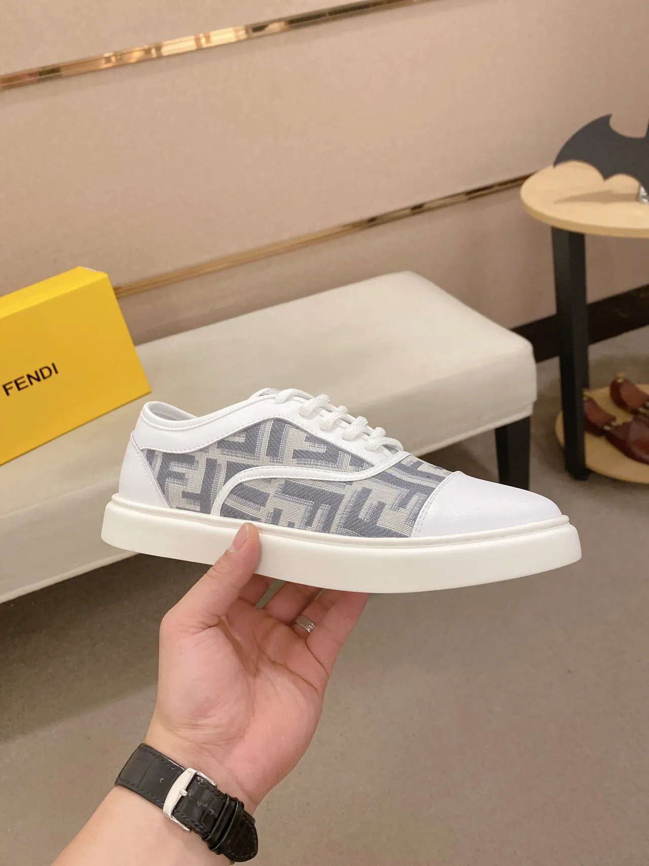 Fendi White Gray Monogram-Print Side Panels Leather Toe Cap Lifestyle Sneakers 5