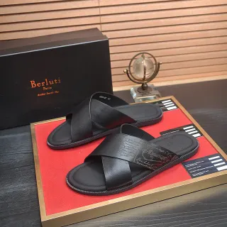 Berluti Crossed Strap Black Leather Slippers