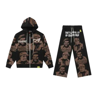 Black and Brown All-Over Print Zip-Front Hoodie and Pants Tracksuit