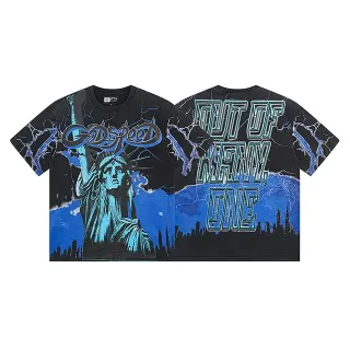 Camiseta oversized dupla face preta e ciano com estampa da Estátua da Liberdade