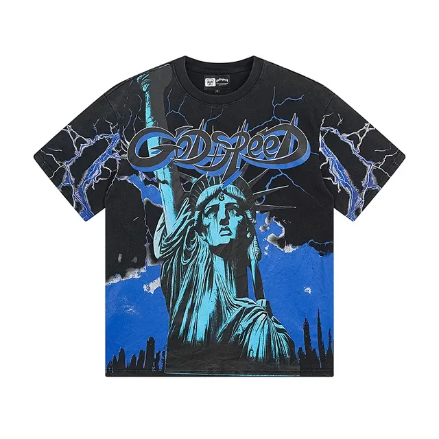 Camiseta oversized dupla face preta e ciano com estampa da Estátua da Liberdade 2