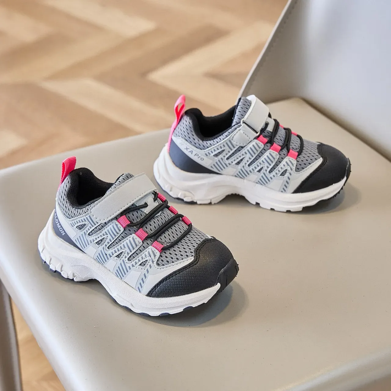 Black and Gray Mesh Overlay Hook-and-Loop Lifestyle Sneakers 17