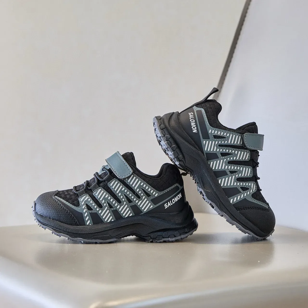 Black and Gray Mesh Overlay Hook-and-Loop Lifestyle Sneakers 24