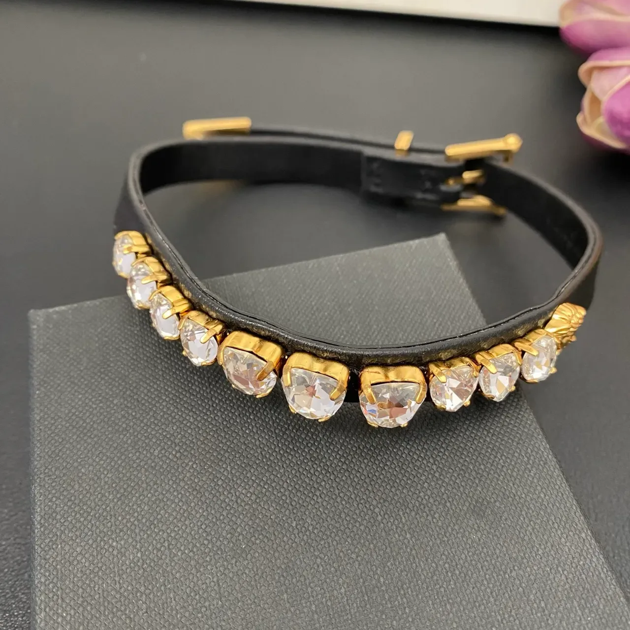 Black and Pink Leather Crystal-Embellished Gold-Tone Bracelets 7