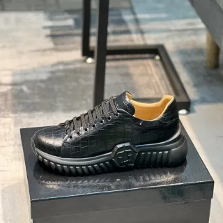 Black Beige Crocodile-Embossed Leather Platform Sole Chunky Sneakers