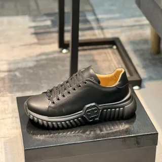 Black Beige Leather Upper Sculpted Sole Chunky Sneakers