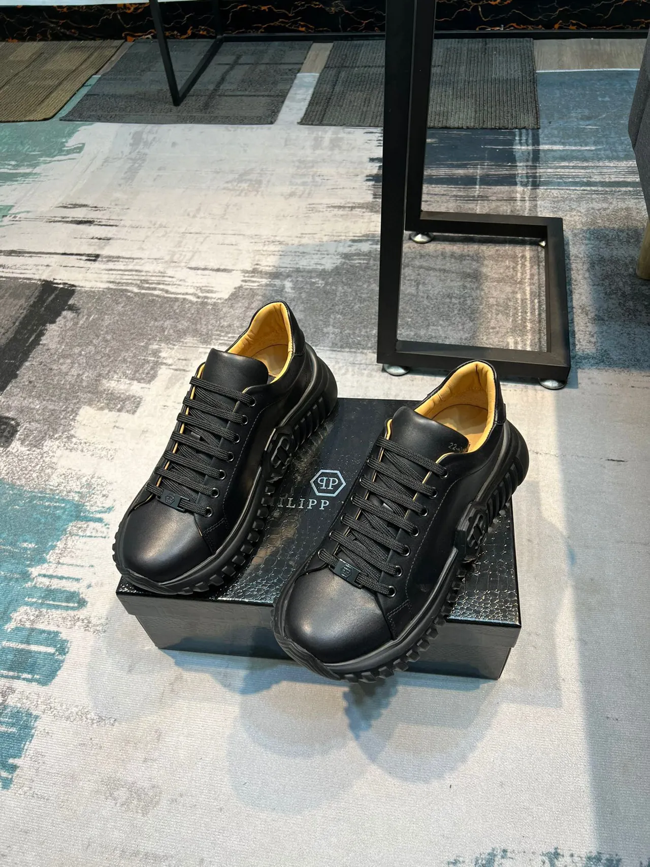 Black Beige Leather Upper Sculpted Sole Chunky Sneakers 5