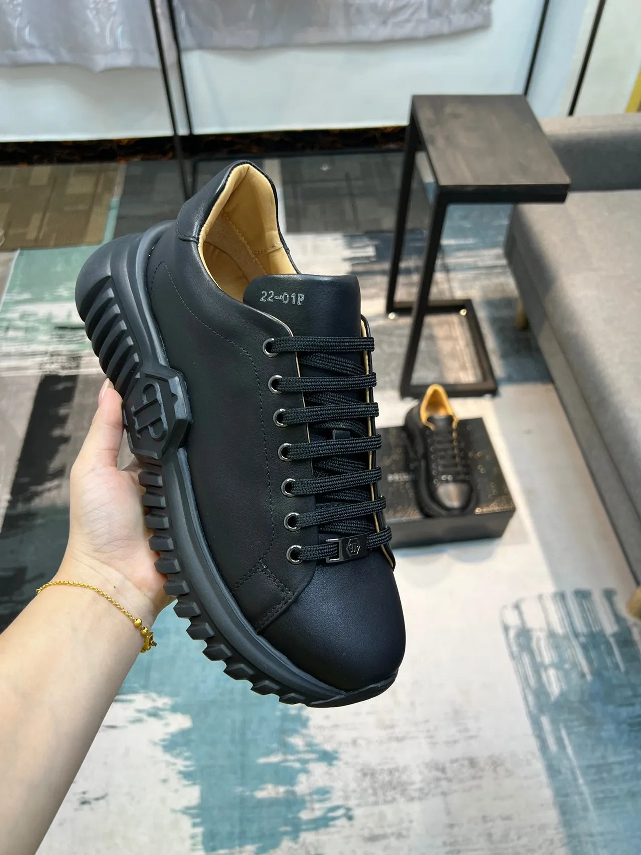 Black Beige Leather Upper Sculpted Sole Chunky Sneakers 6