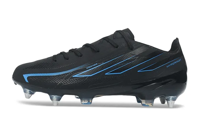 Chaussures de football de surface synthétique noire et bleue avec accents graphiques pour terrain ferme 7