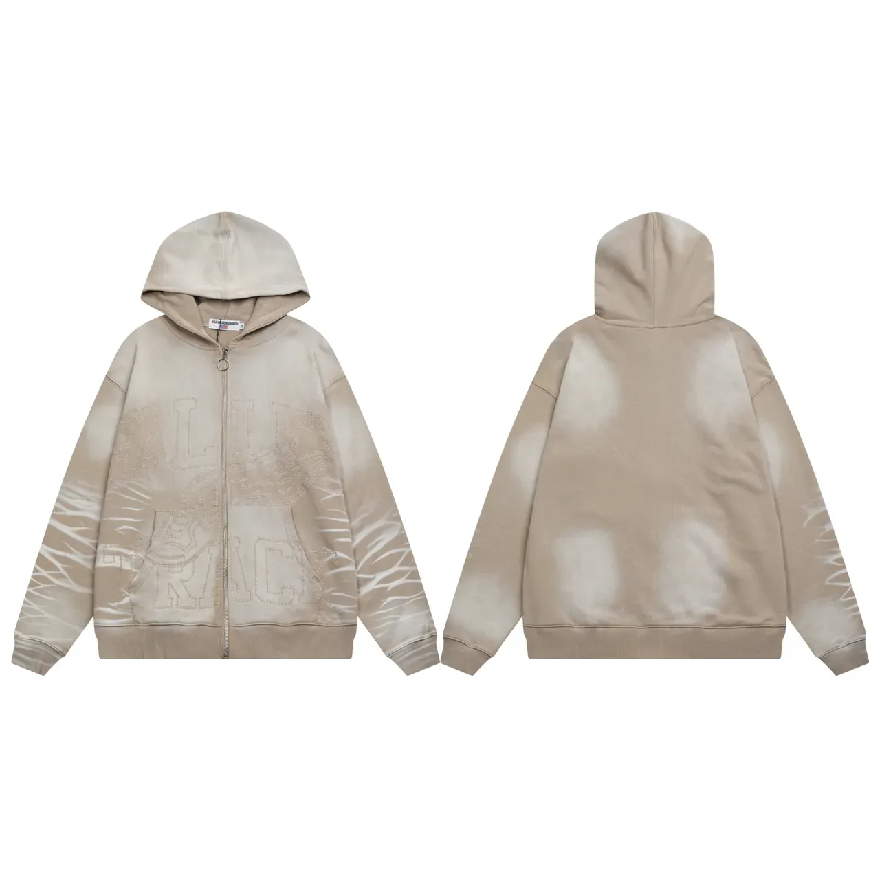 Hoodie Noir et Gris à Fermeture Éclair Complète Brodé Graphique 2