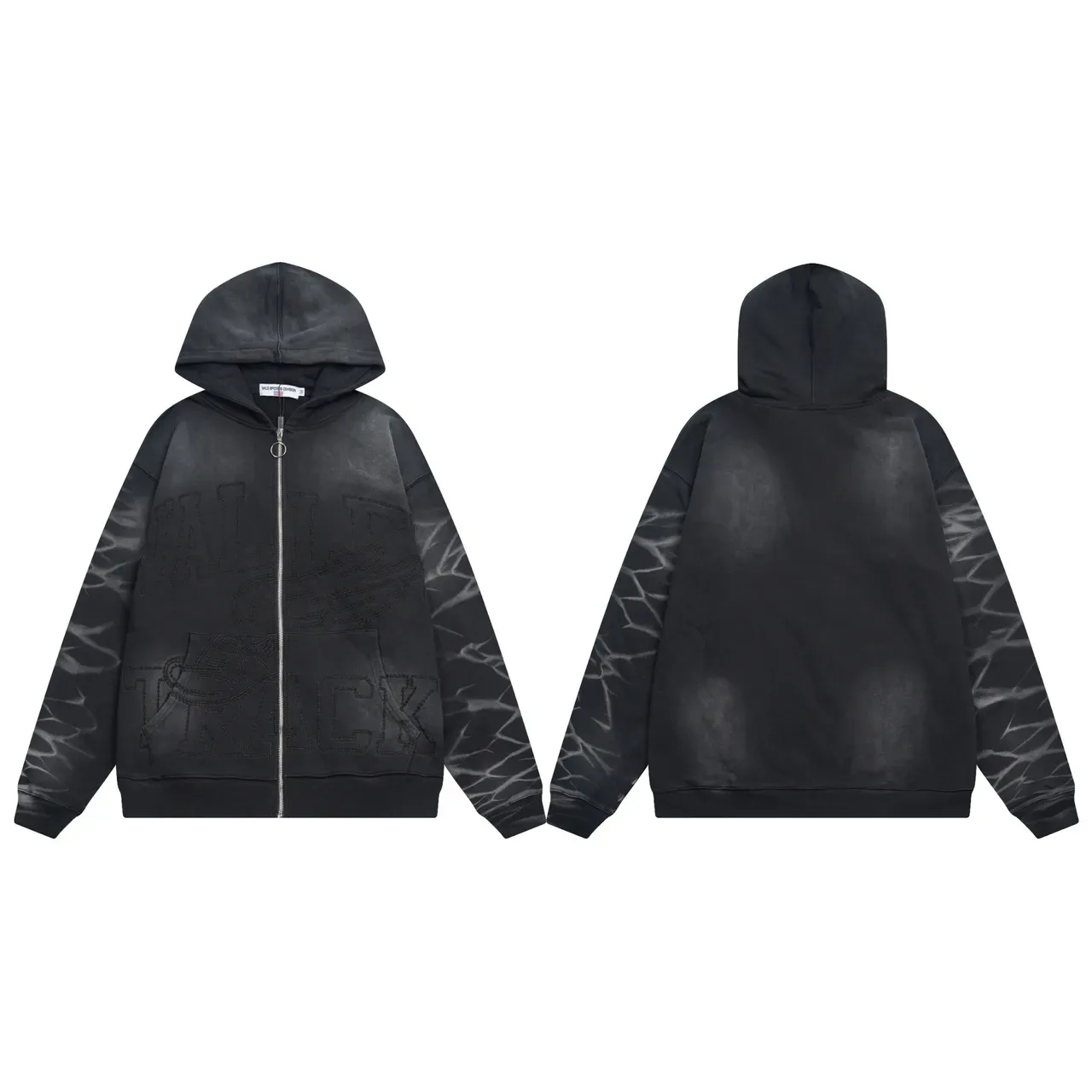 Hoodie Noir et Gris à Fermeture Éclair Complète Brodé Graphique 4