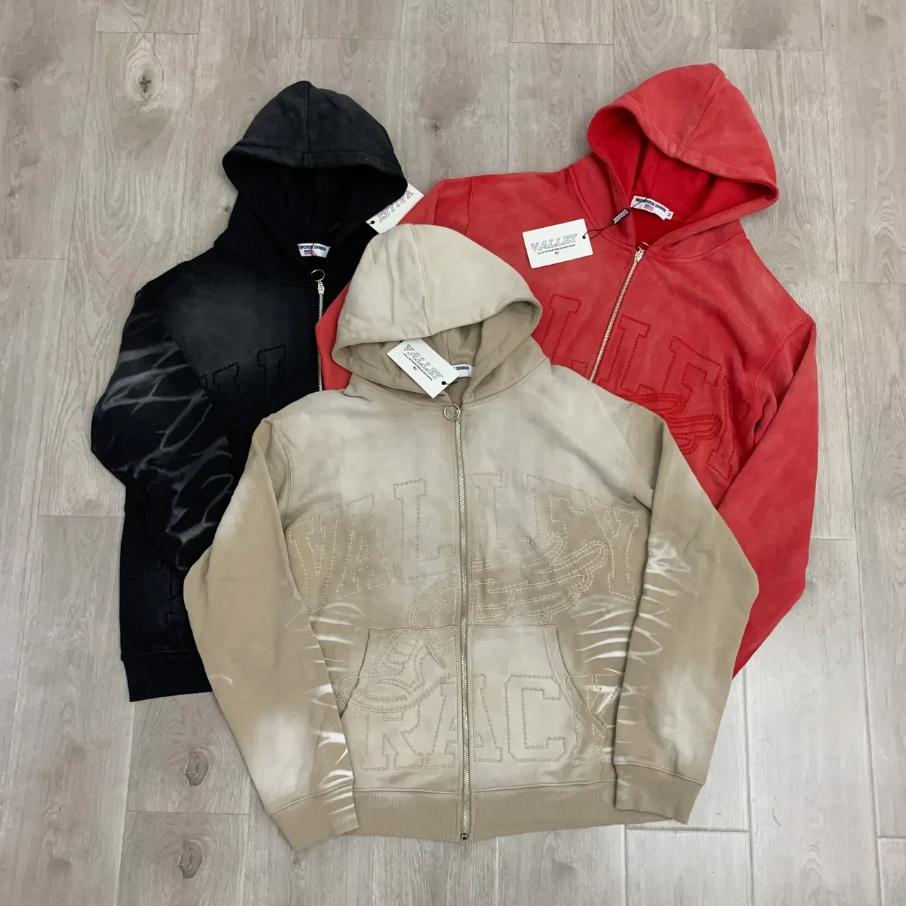 Hoodie Noir et Gris à Fermeture Éclair Complète Brodé Graphique 12