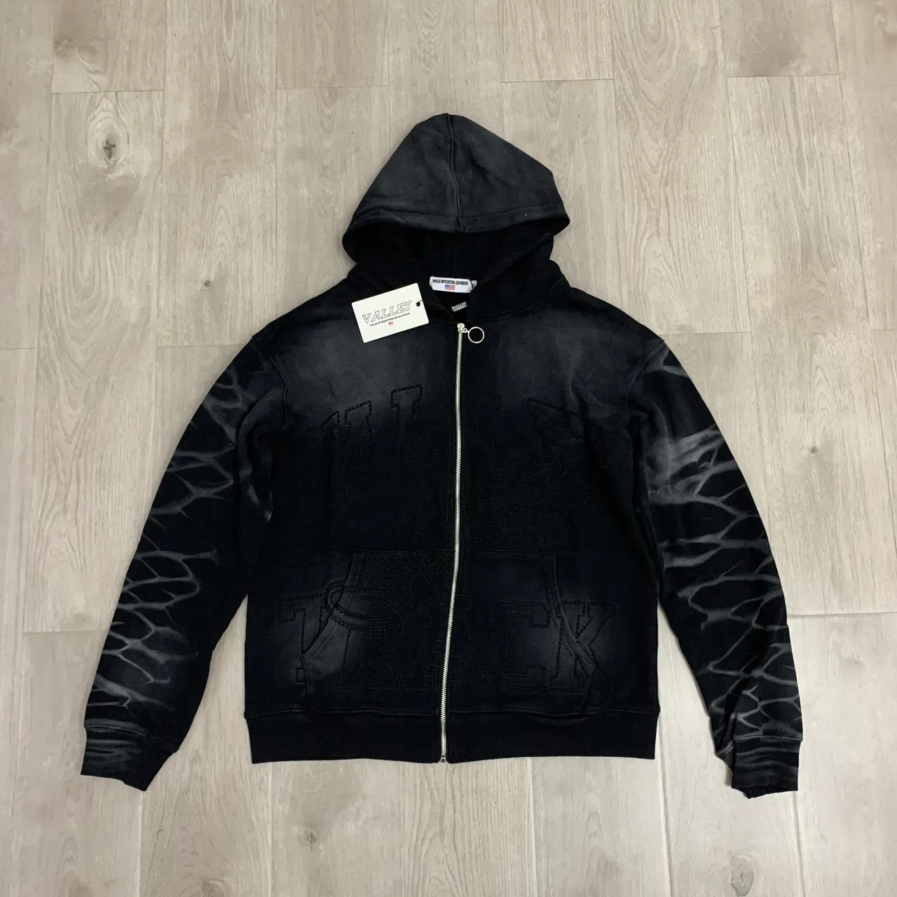 Hoodie Noir et Gris à Fermeture Éclair Complète Brodé Graphique 13