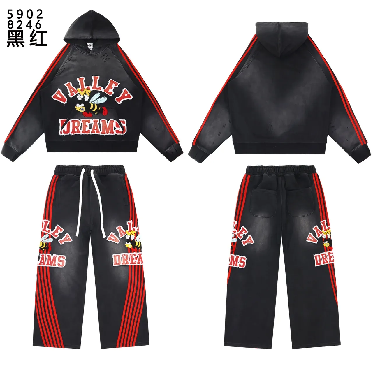 黑红印花对比条纹袖连帽衫 2