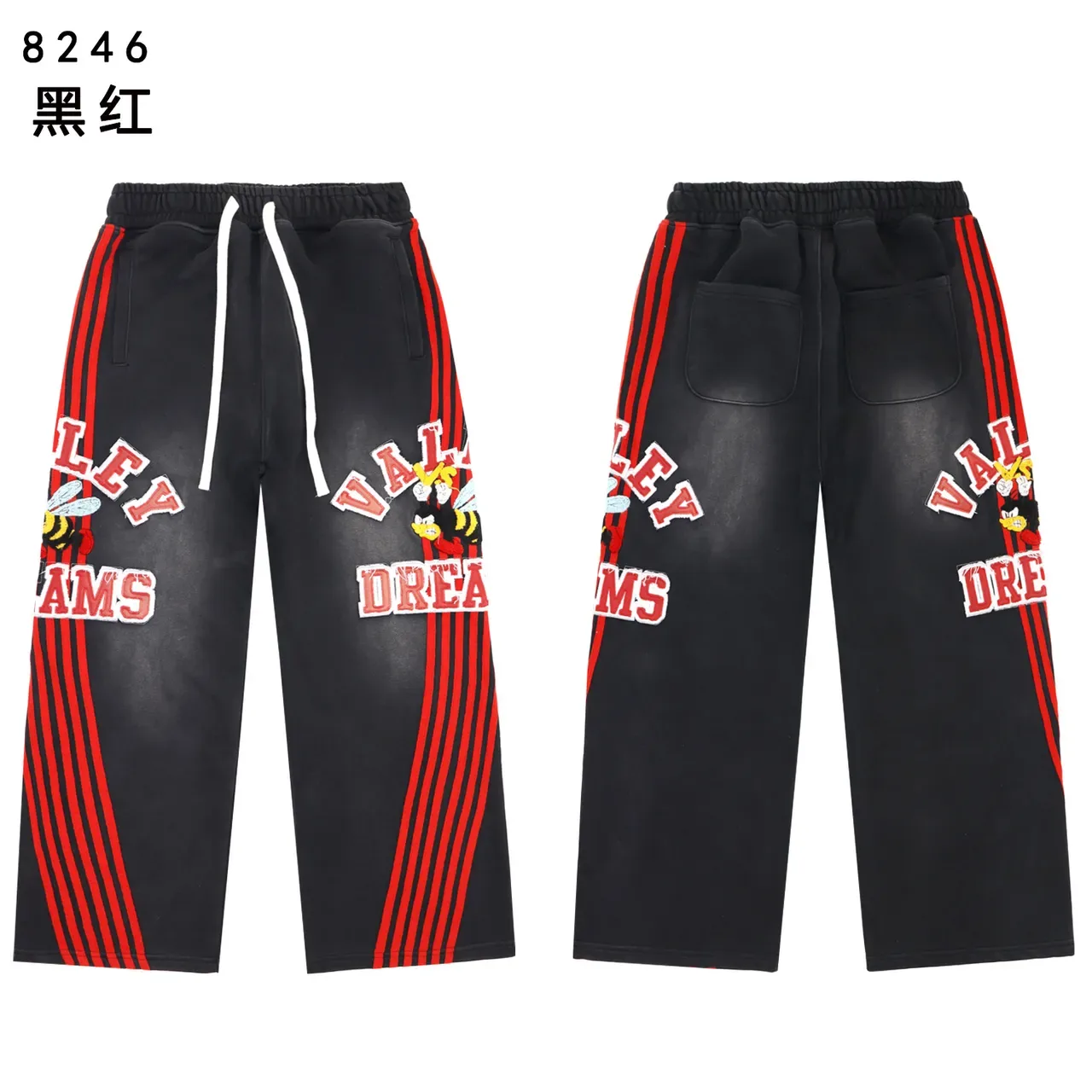 黑红印花对比条纹袖连帽衫 3
