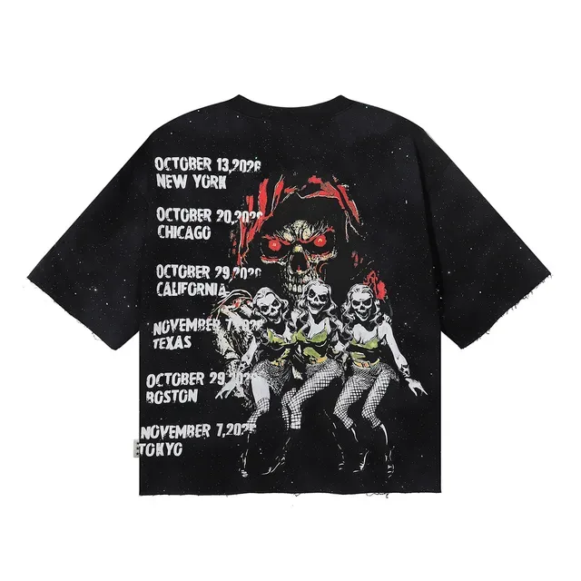 Black Red Oversized Fit Raw-Cut Hem T-Shirt 4