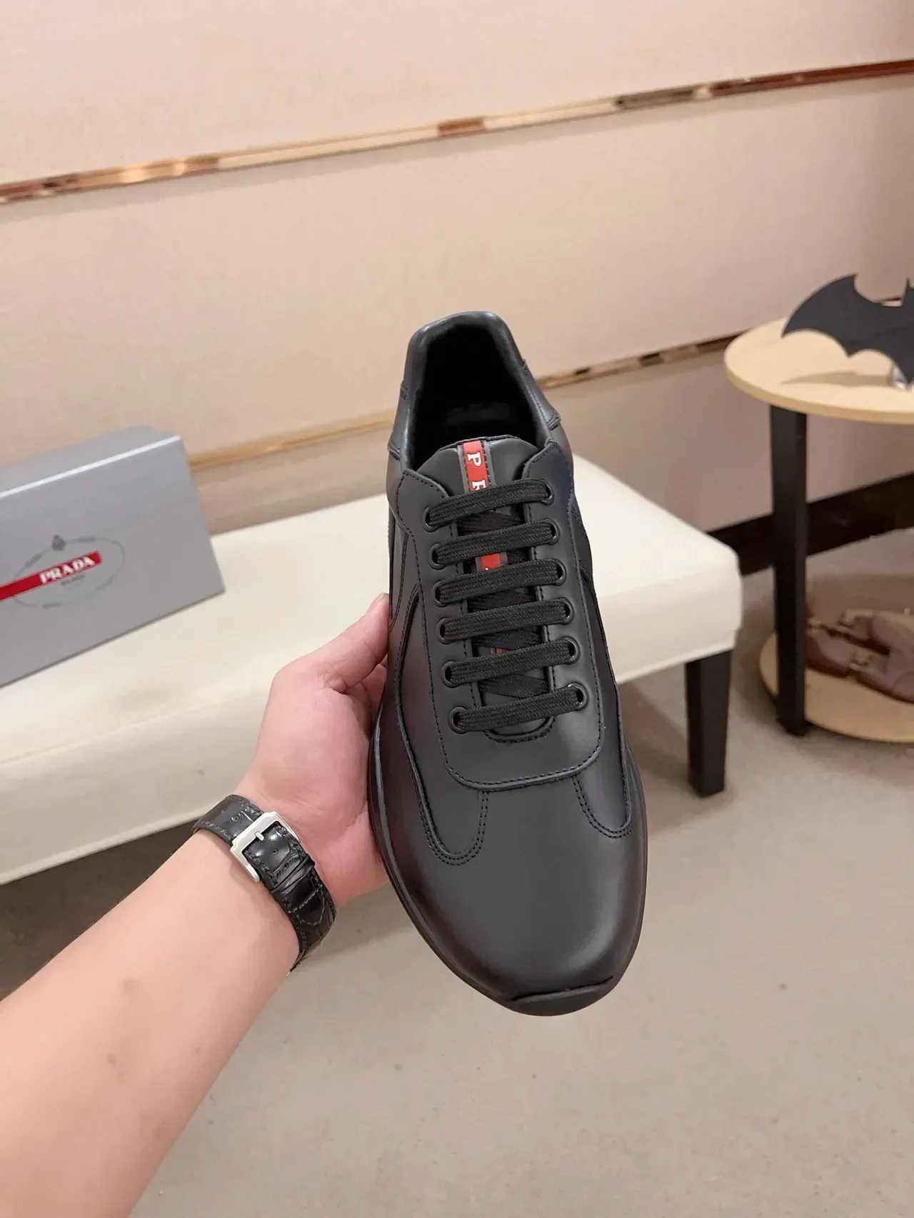 Black Red Smooth Leather Upper Sculpted Rubber Sole Lifestyle Sneakers 5