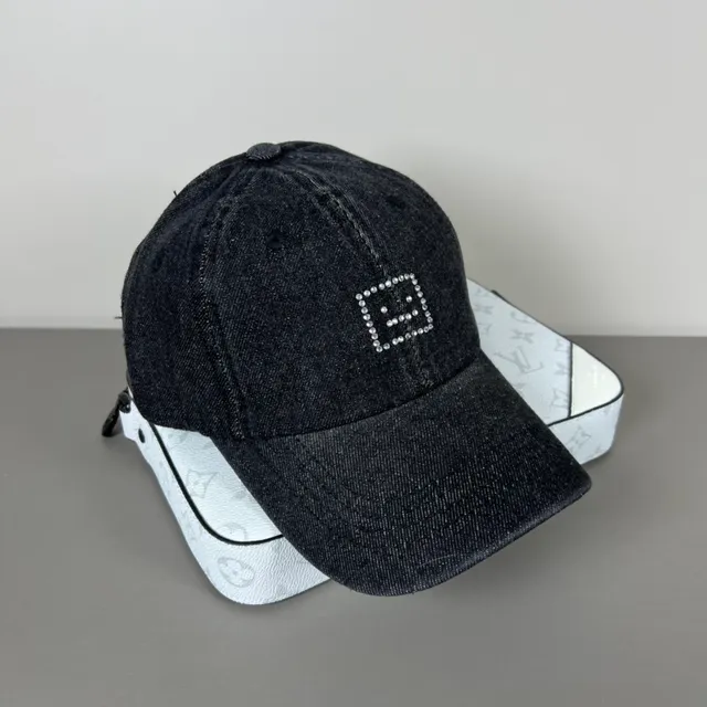 Black Silver Denim Construction Rhinestone-Embellished Square Logo Baseball Cap 7